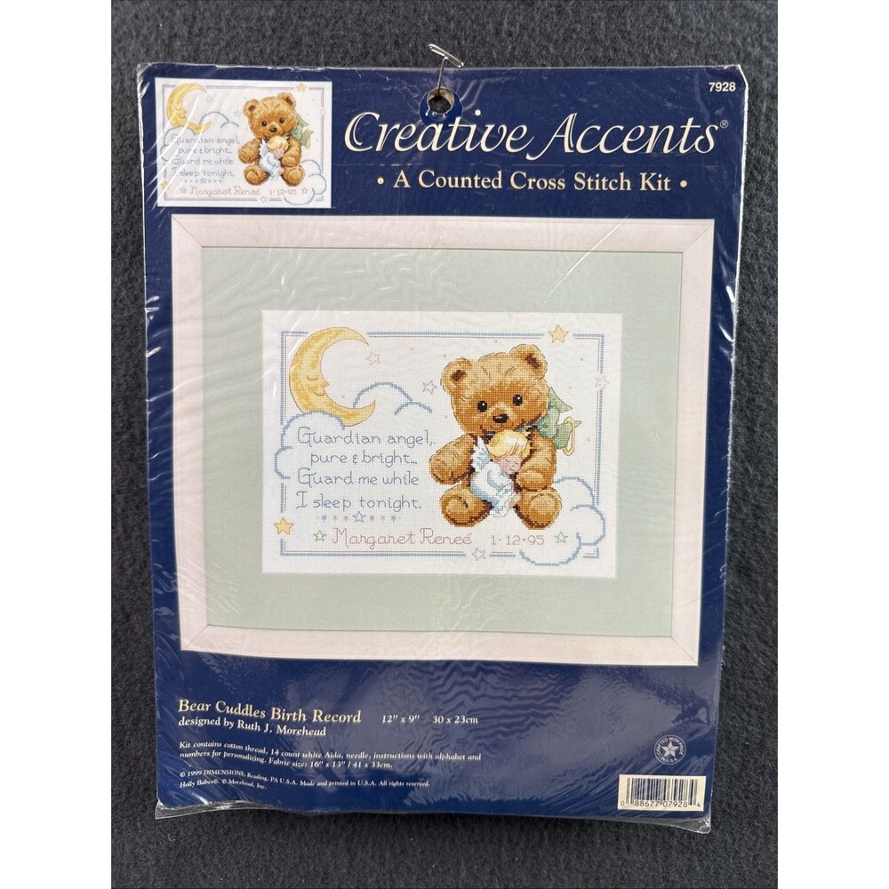 Creative Accents Counted Cross Stitch Kit 7928 Bear Cuddles Birth Record Teddy